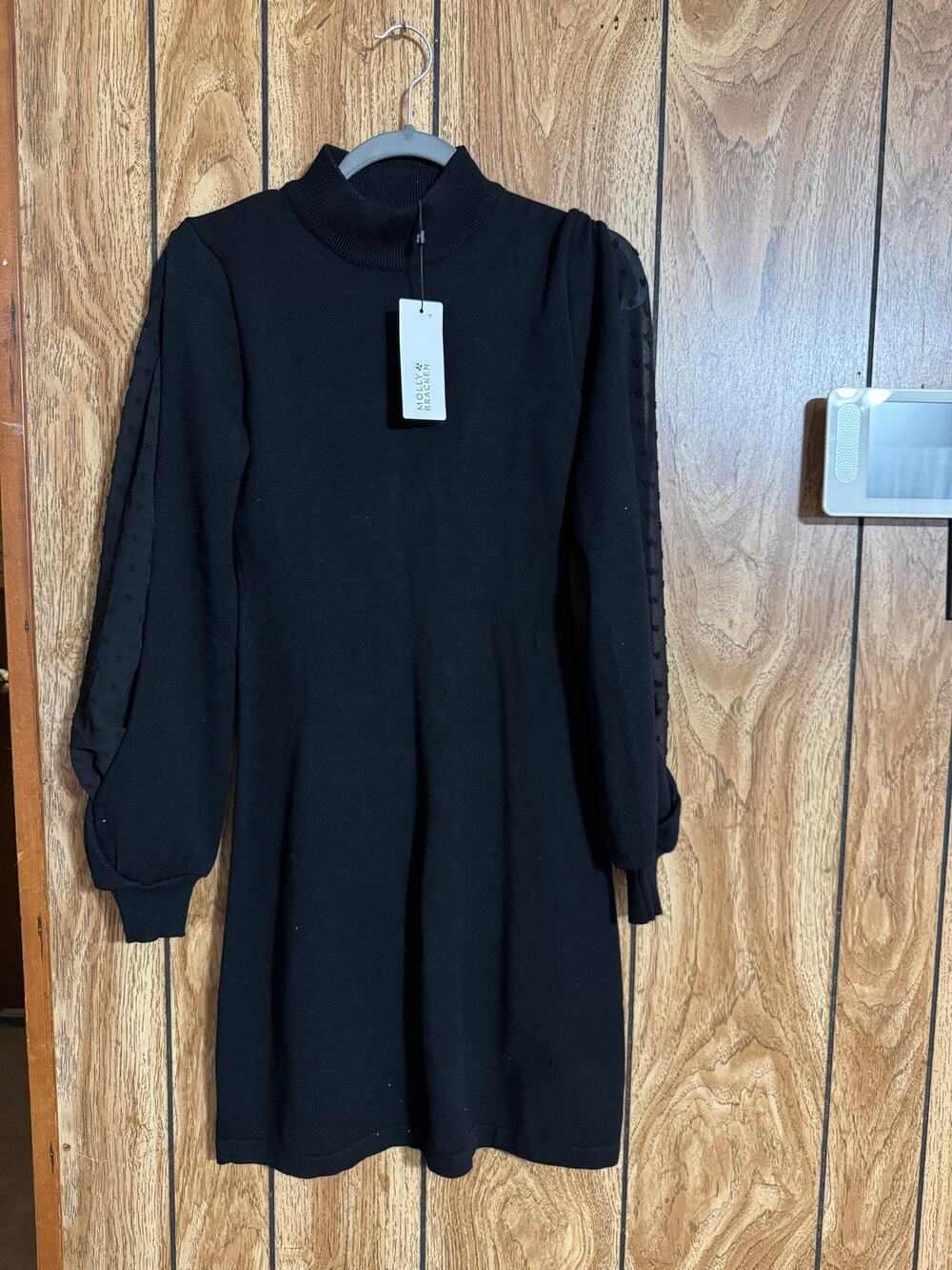 NWT Molly Bracken Women’s XS Black Knitted Dress Sheer Heart Sleeves $78 Ladies